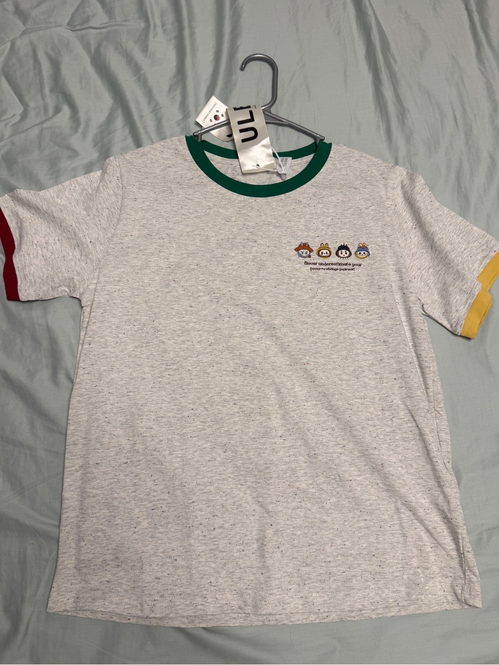 Light Gray T Shirt Heather Ringer Tee with Colorful Character Patch